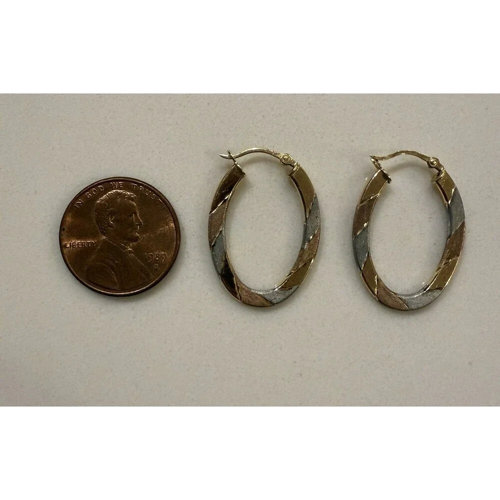 Vintage 10K Yellow Rose White Gold Tri-Color Diamond Cut Oval Hoop Earrings